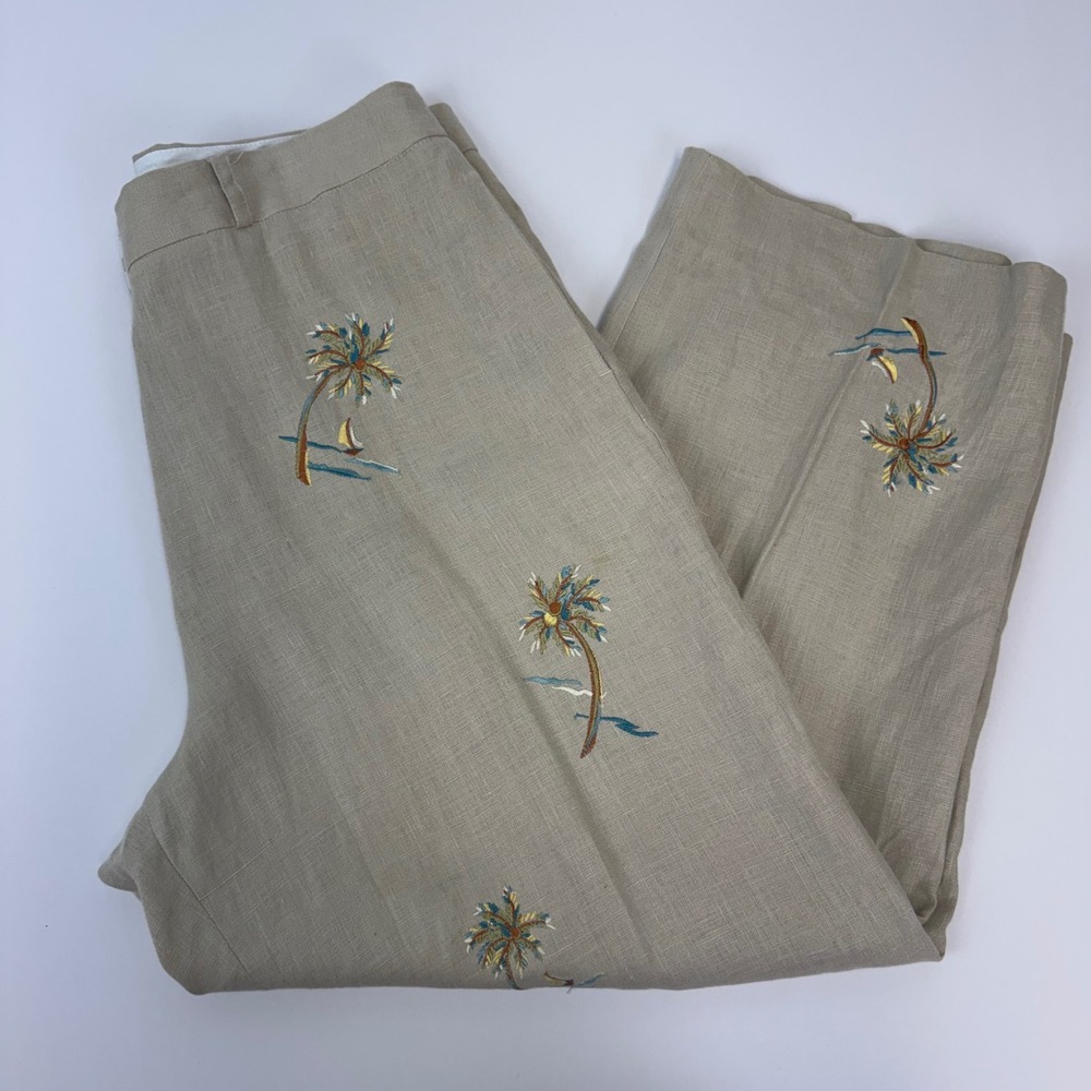 Deane &‎ White 100% Linen Embroidered Palm Tree Pants Size 12 Wide Leg Coastal